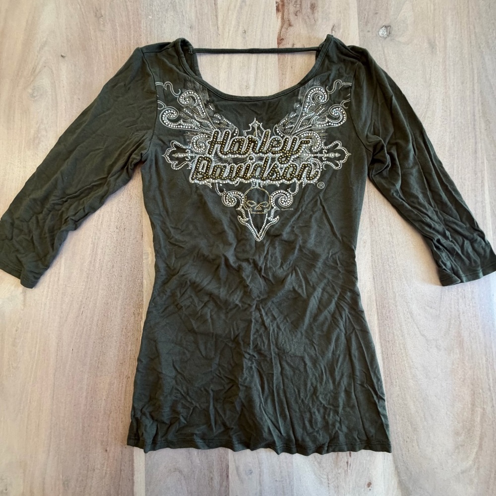 Harley Davidson Bling Rhinestone 90s Style Ruched Open Back Shirt Women’s Sz XS